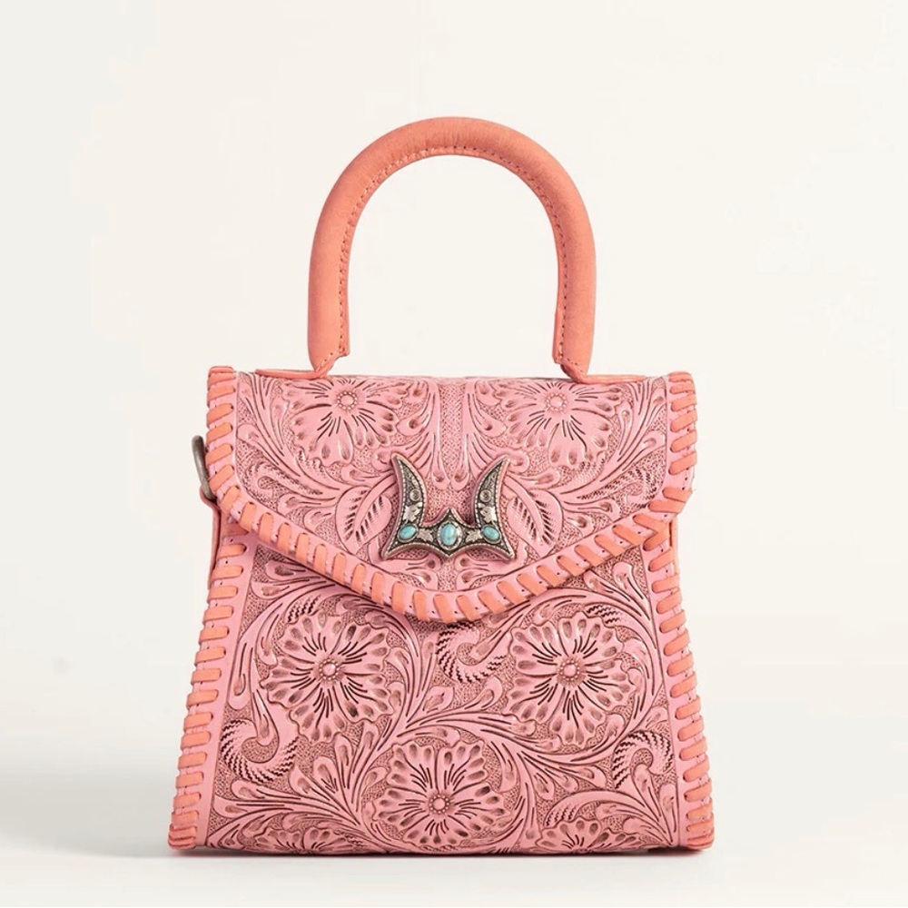 Pink Floral Leather Tooled Mini Top-Handle Bag.